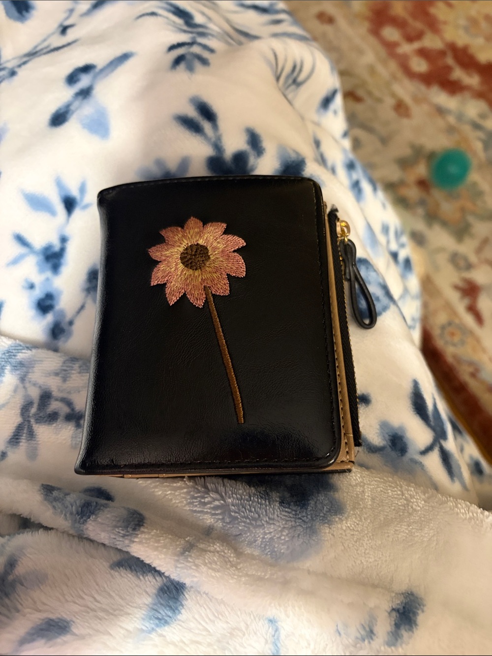 Dior Black Wallet with Pink & Gold Daisy Embroidery.